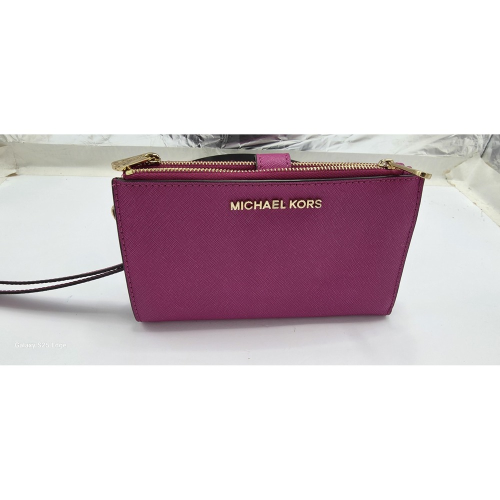 Michael Kors Adele Saffiano Leather Smartphone Wristlet Wallet Plum Purple Gold